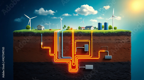 Geothermal energy system illustration showing cross section of Earth with pipes, wind turbines, and buildings above ground. This captures innovative use of renewable energy sources