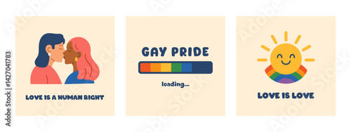 Vector set of LGBTQ posters with text and illustrations. LGBT gay pride celebration greeting card collection symbolizing inclusivity and peace. Acceptance and identity in the LGBTQ community.