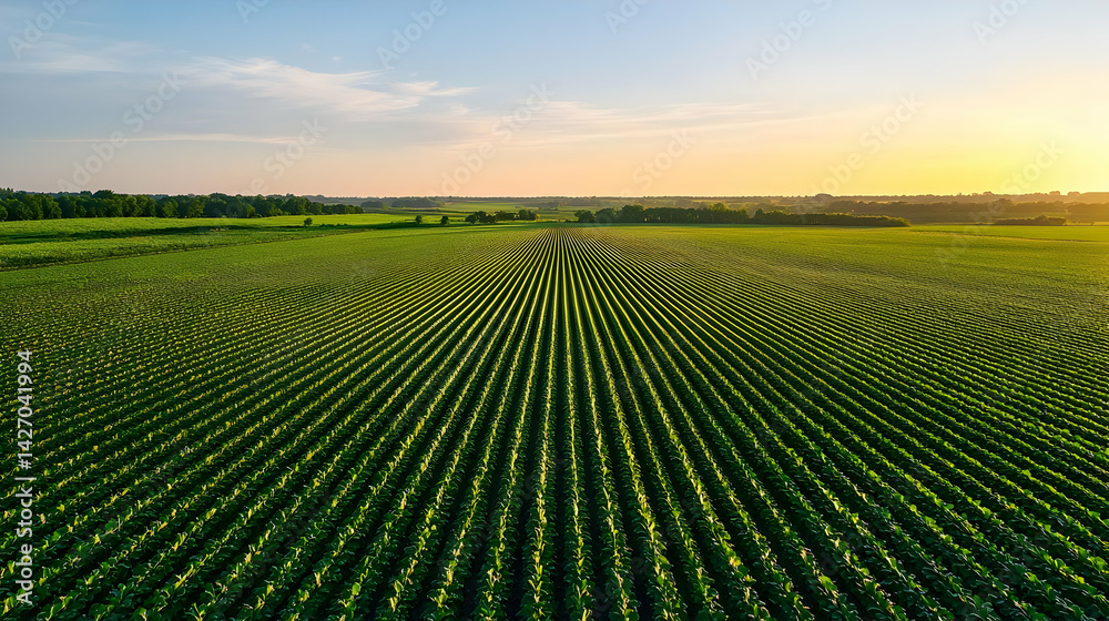 Aerial View Of Green Crop Field At Sunset Aerial View Of Green Crop Field At Sunset