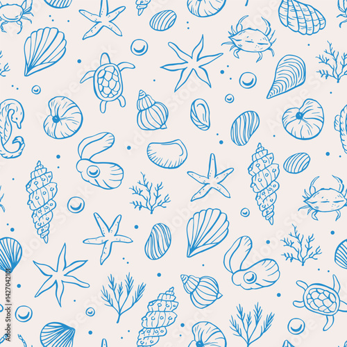 Sea life doodle hand drawn seamless pattern. Ocean life vector illustrations