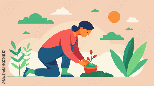 A person planting seeds in a garden symbolizing the Stoic virtue of justice and the idea of reaping what one sows in terms of ethical choices.. Vector illustration