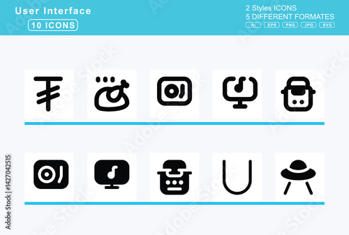 Set of 5 solid user interface icons,truck, tow, trumpet, tty, tubes, tugrik, sign