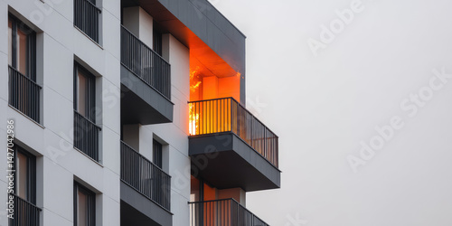 Fire in a modern high-rise residential building in the city, exterior, flames, chaos and danger. 