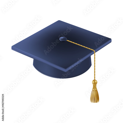 Realistic Blue graduate cap. 3D Graduation Doctoral hat.