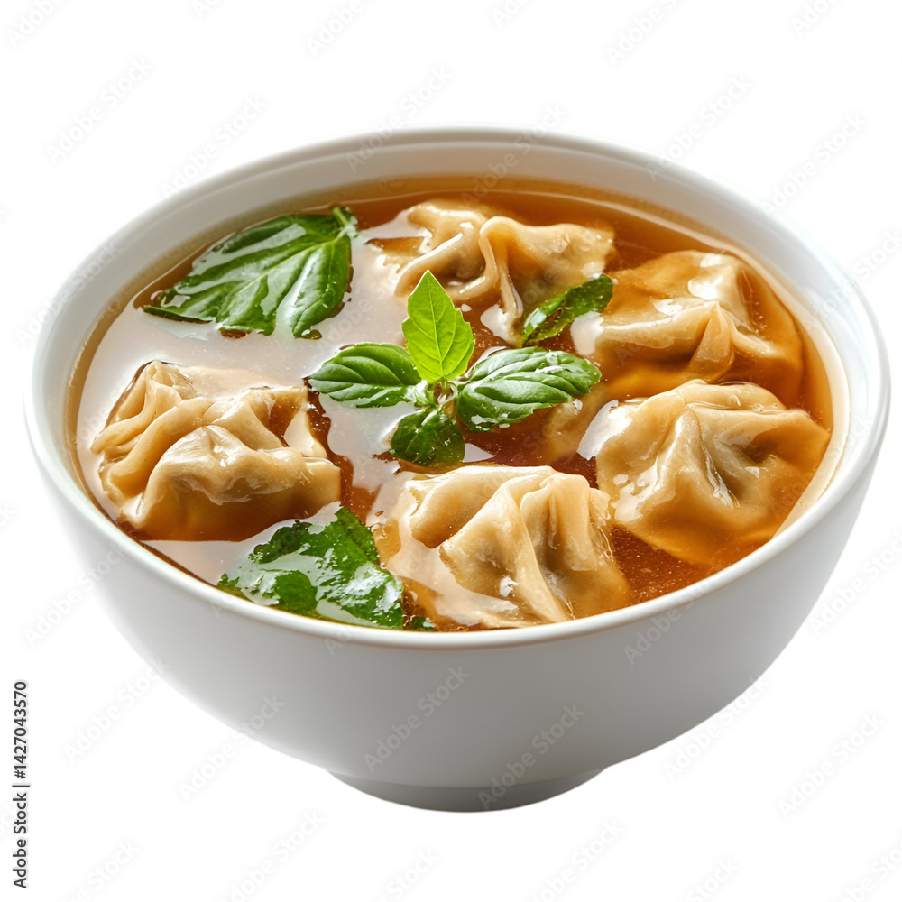 Delicious Dumpling Soup in White Bowl Fresh Basil Garnish Delicious Dumpling Soup in White Bowl Fresh Basil Garnish