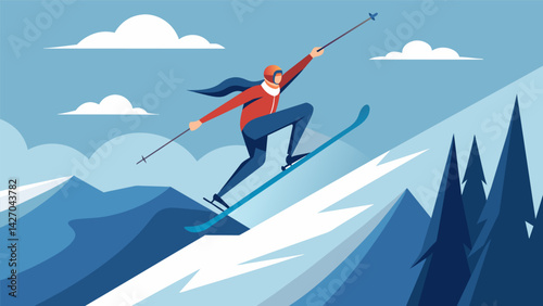 A skilled skier taking flight off a jump their skis pointed towards the sky as they soar over a snowy landscape adrenaline rushing through their s.. Vector illustration