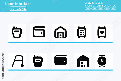 Set of 5 solid user interface icons,vote, yea, w, wagon, covered, walker, walkie, talkie