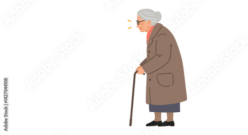 Elderly woman walking with a cane in tattered coat  