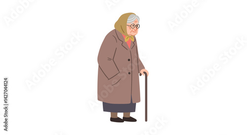 Elderly woman standing with a cane in a simple background  