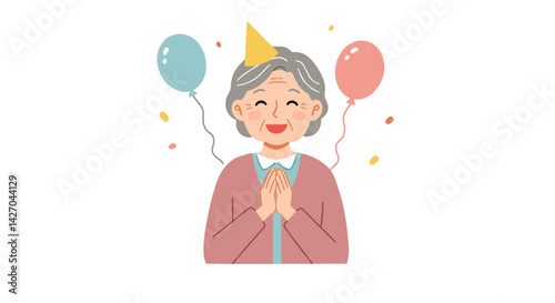 Elderly woman smiling at a surprise birthday party celebration  