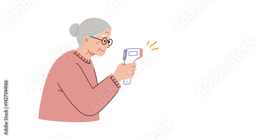 Elderly woman measuring temperature with a medical device  