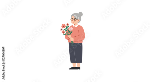Elderly woman holding flowers in a friendly pose against white background  