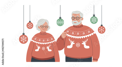 Elderly couple wearing festive sweaters for Christmas decorations  