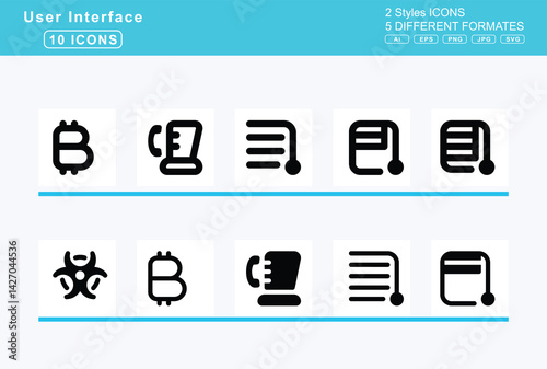 Set of 5 solid user interface icons,binary, lock, slash, binoculars, biohazard, bitcoin, sign