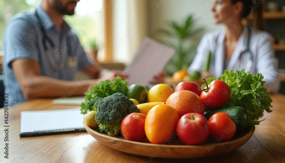 Nutritionist table with fruits vegetables. Doctor in consultation clinic with fresh organic diet. Healthy balanced meals. Weight loss food plan, healthy lifestyle, organic meal advice.