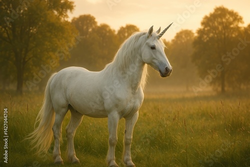 Majestic unicorn in serene meadow.