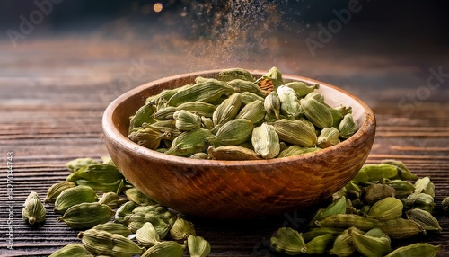 dried green cardamom pods condiment falling down into the wooden bowl close up