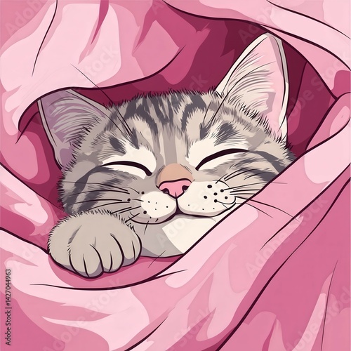 Sleepy feline curled up in soft pink blanket creates a cozy atmosphere Generative AI