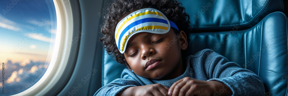 portrait of little african american boy sleeping with sleep mask on airplane