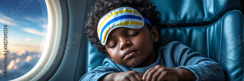 Obraz na płótnie portrait of little african american boy sleeping with sleep mask on airplane w salonie