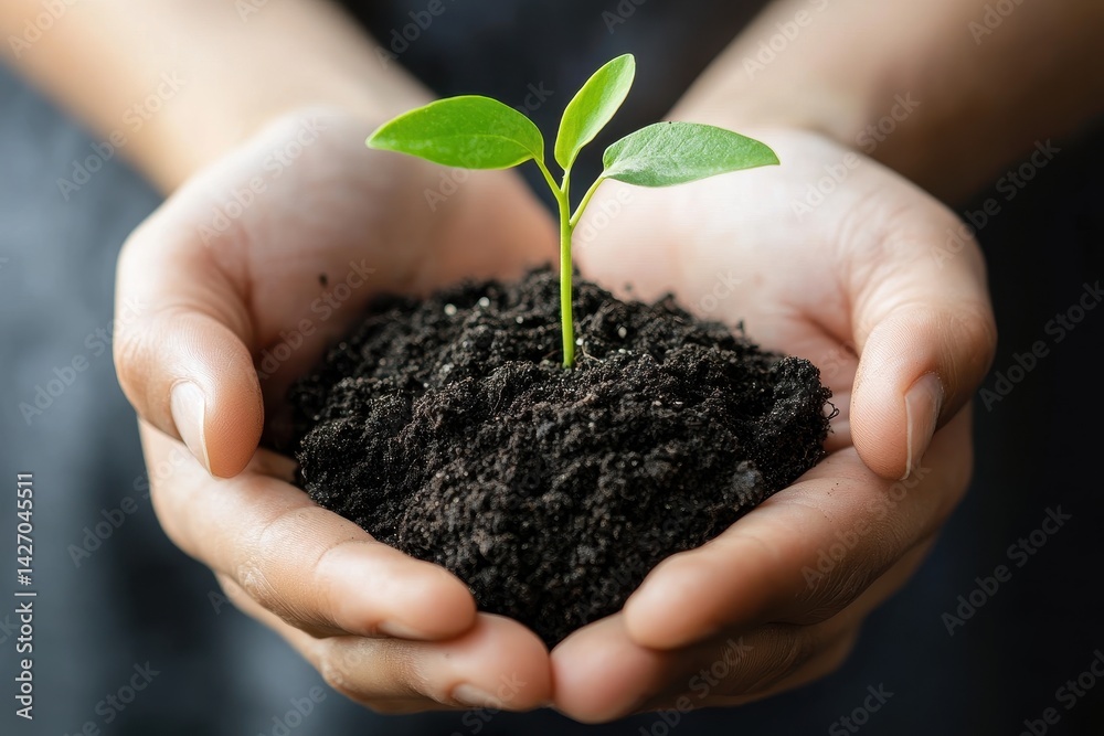 A small sprout held in cupped hands, representing new beginnings and growth. The nurturing of life, a tiny plant in soil, signifies hope and the cycle of nature A small sprout held in cupped hands, representing new beginnings and growth. The nurturing of life, a tiny plant in soil, signifies hope and the cycle of nature