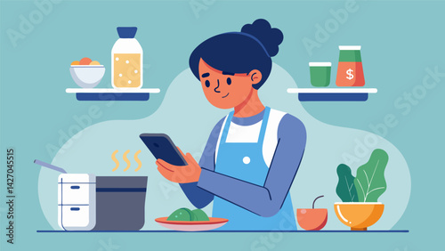 A handdrawn illustration of a student cooking at home while a budgeting app on their phone shows them how much money they have saved by avoiding. Vector illustration