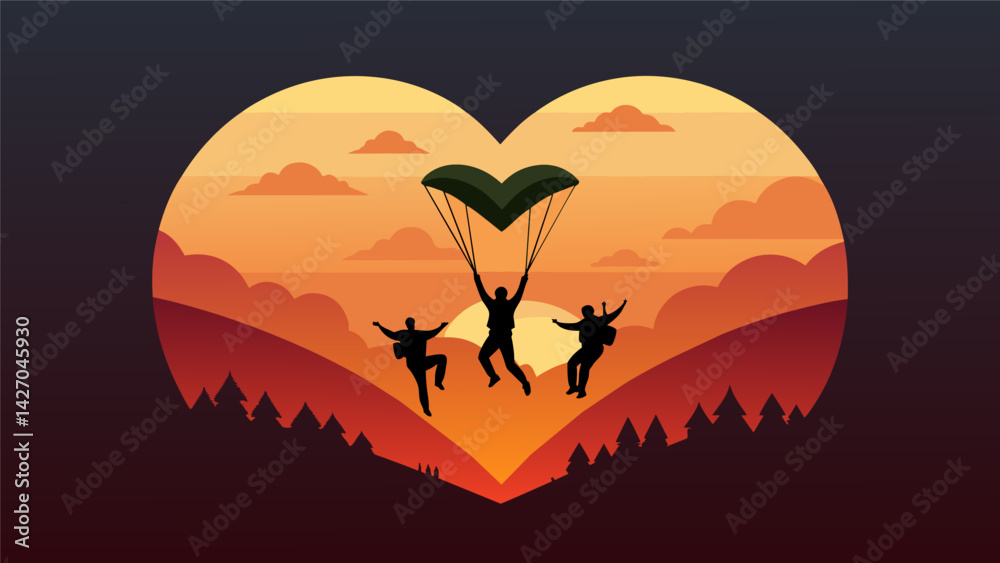 Fototapeta premium As the sun sets a group of skydivers form a recordbreaking heart shape in the sky silhouetted against the fiery backdrop.. Vector illustration