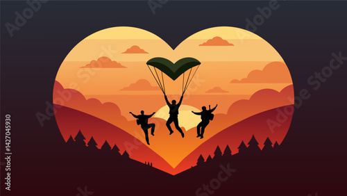 As the sun sets a group of skydivers form a recordbreaking heart shape in the sky silhouetted against the fiery backdrop.. Vector illustration