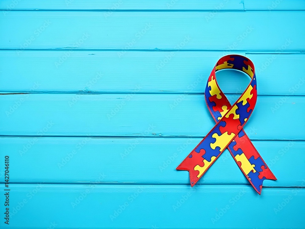World Autism awareness and pride day or month with Puzzle pattern ribbon on blue wooden background.