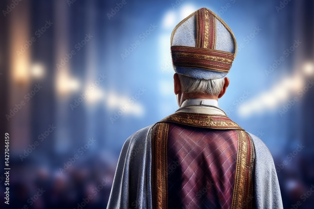 Back view of elderly caucasian male clergyman in traditional attire in cathedral setting