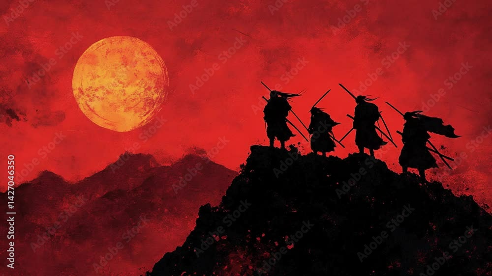 Silhouette warriors standing on a hill under a red sky with a full moon, Japan aesthetic