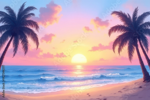 Watercolor Beach Sunset Art: Soft Pastel Sky & Delicate Palm Trees in Dreamy Abstract Coastal Style