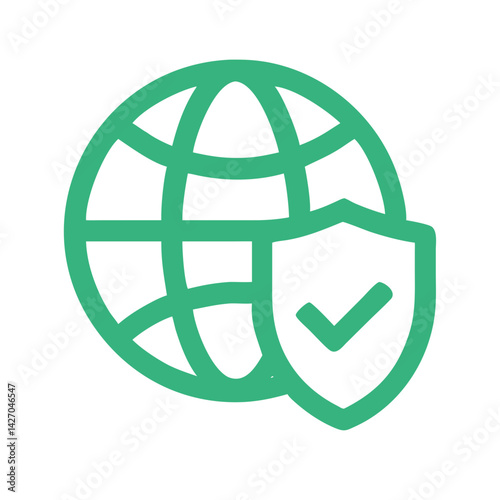 Globe With Shield Checkmark – Global Security Icon: Outline icon of a globe with a shield and checkmark, symbolizing global security, international protection, cybersecurity, and safe networks.