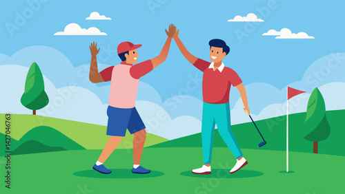 An amateur player highfiving their teammate after making a perfect approach shot onto the green.. Vector illustration