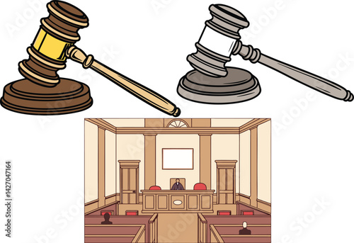 Courtroom Scene with Judge Gavels Legal Justice Illustration