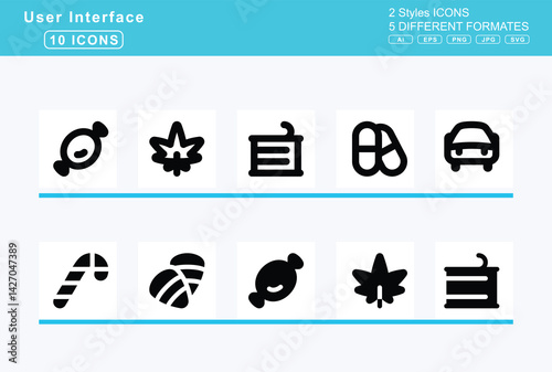 Set of 5 solid user interface icons,candle, holder, candy, cane, corn
