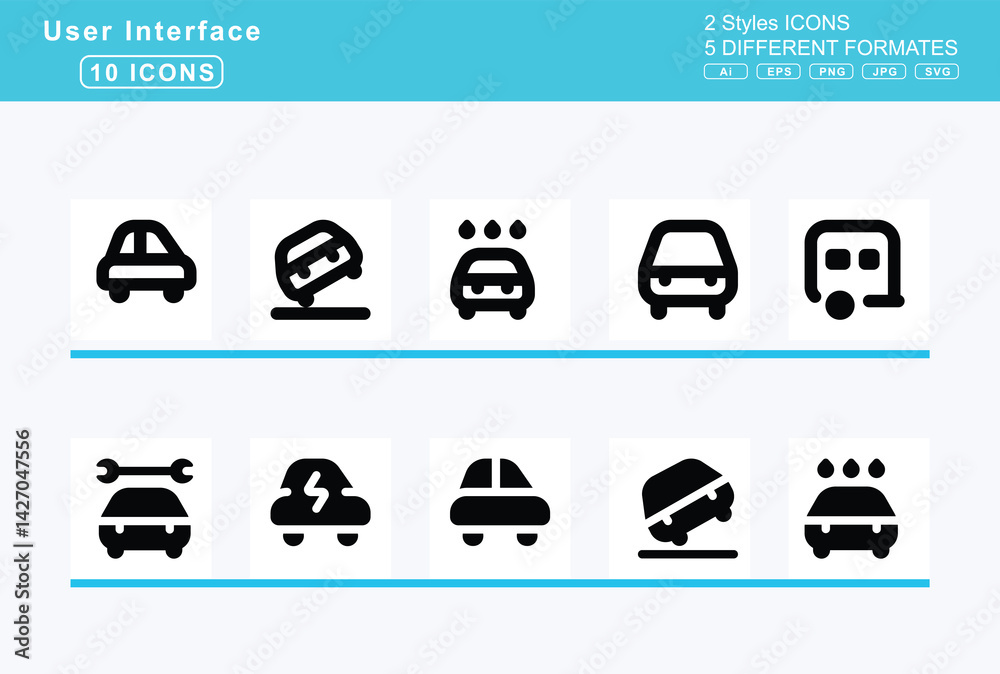 Set of 5 solid user interface icons,car, bump, bus, circle, bolt, crash, care Set of 5 solid user interface icons,car, bump, bus, circle, bolt, crash, care