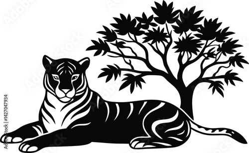 peaceful tiger silhouette lying down under tree