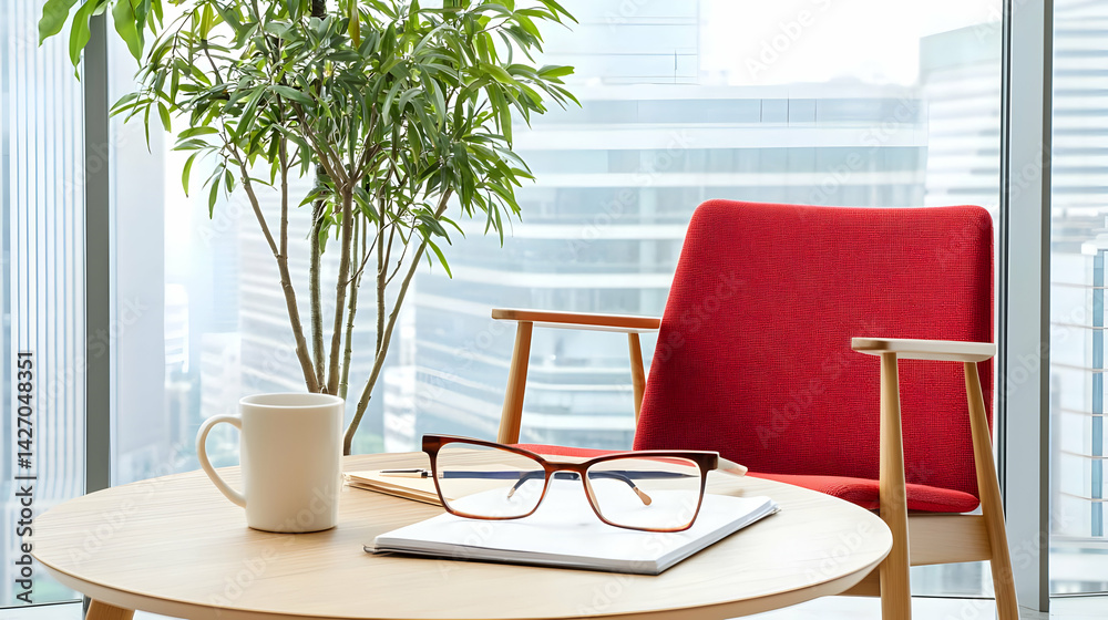 Fototapeta premium Modern Office Workspace With Red Chair And City View