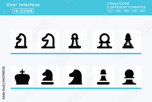 Set of 5 solid user interface icons,chess, board, clock, king