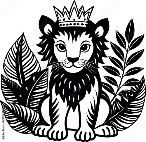 Lion Cub With Crown And Jungle