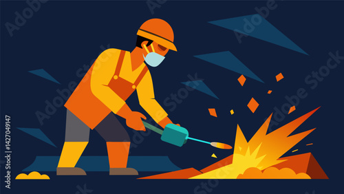 The bright orange glow of the welding torch illuminates the surrounding area as the construction worker melts the metal pieces together.. Vector illustration
