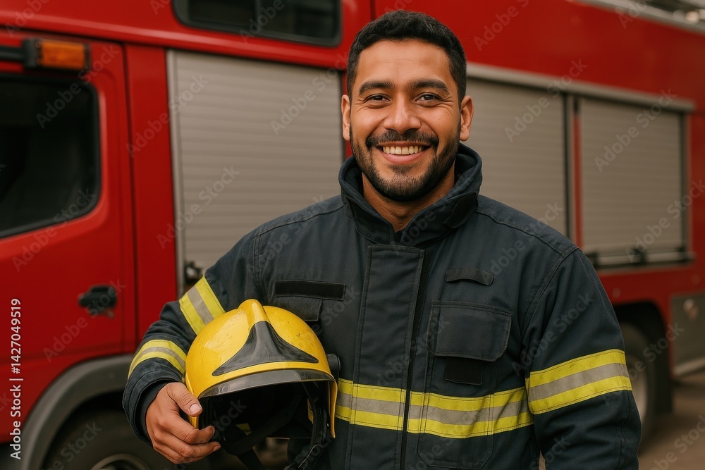 Smiling firefighter holding helmet. Smiling firefighter holding helmet.