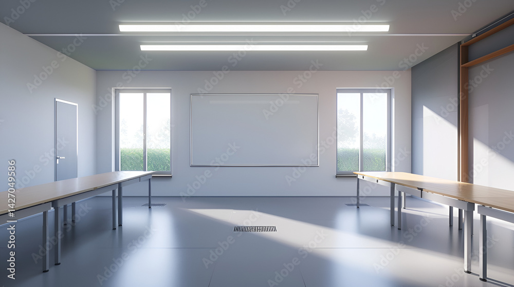 Fototapeta premium A classroom interior with tables, windows, whiteboard and a door in a bright and airy space .