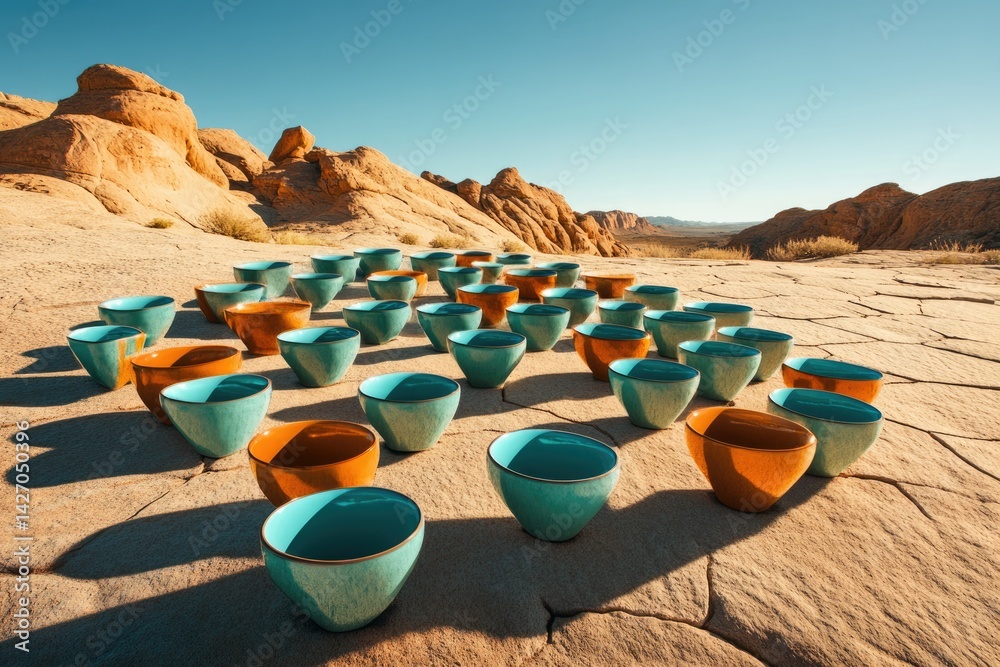 Numerous teal and orange ceramic bowls arranged in rows across a sun-drenched desert landscape. Numerous teal and orange ceramic bowls arranged in rows across a sun-drenched desert landscape.