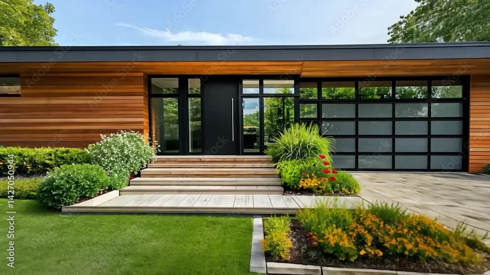 Modern home exterior with cedar siding Modern home exterior with cedar siding