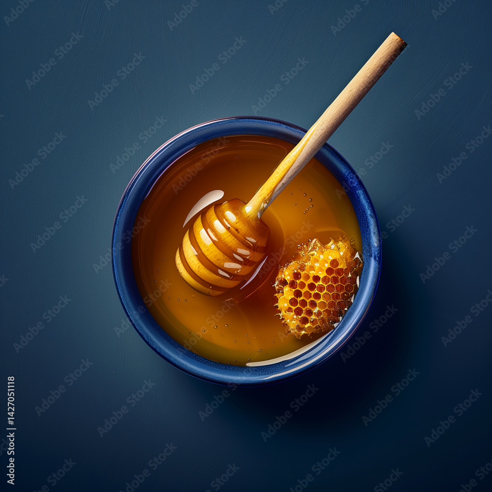 Close-Up of Honey and Spoon in Plate – Flat Lay on Dark Blue Background with Space for Text Close-Up of Honey and Spoon in Plate – Flat Lay on Dark Blue Background with Space for Text