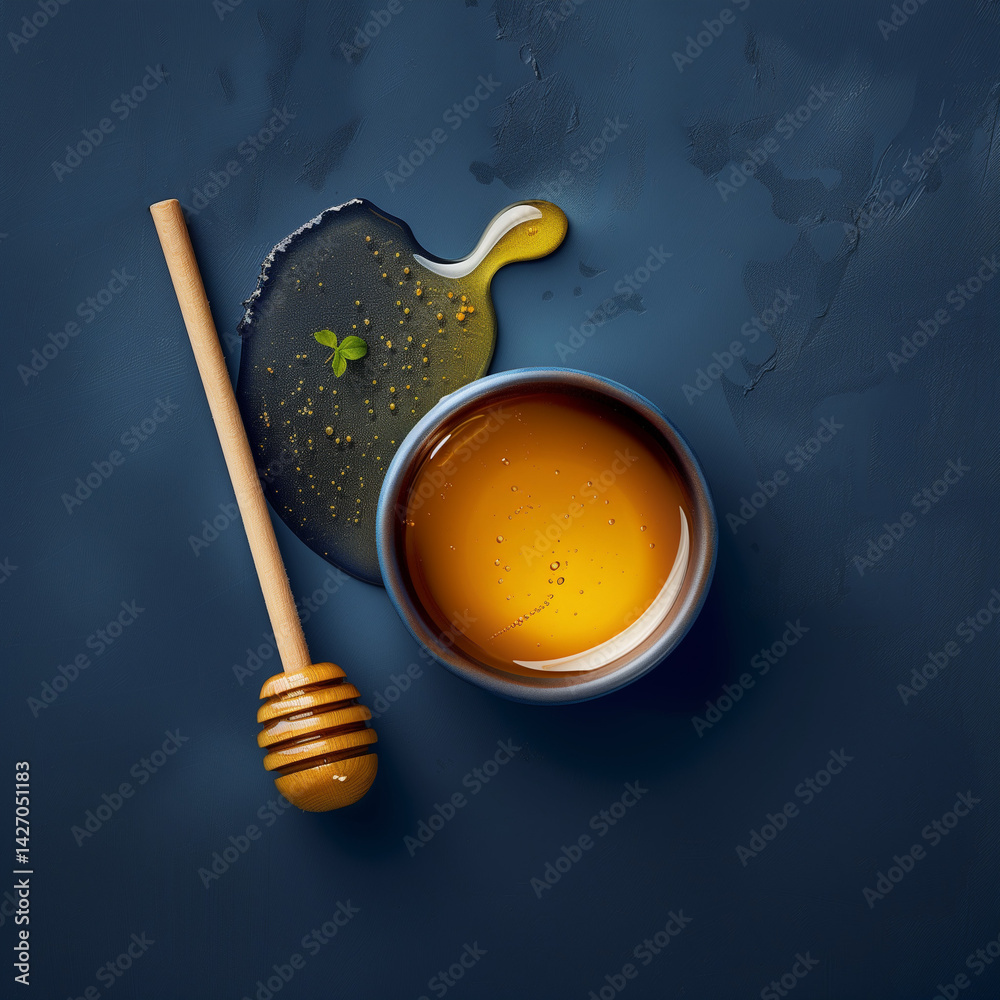 Advertising Photo of Honey in Plate with Spoon – Dark Blue Background Flat Lay with Space for Text Advertising Photo of Honey in Plate with Spoon – Dark Blue Background Flat Lay with Space for Text