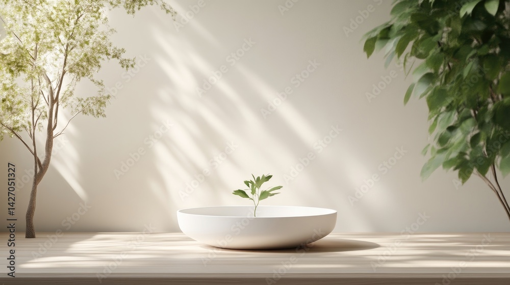 Minimalist, serene interior scene with a small plant in a white bowl, natural light and wooden surface Minimalist, serene interior scene with a small plant in a white bowl, natural light and wooden surface