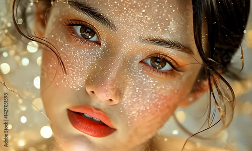 Woman with glittering face and red lips gazing upwards in soft light